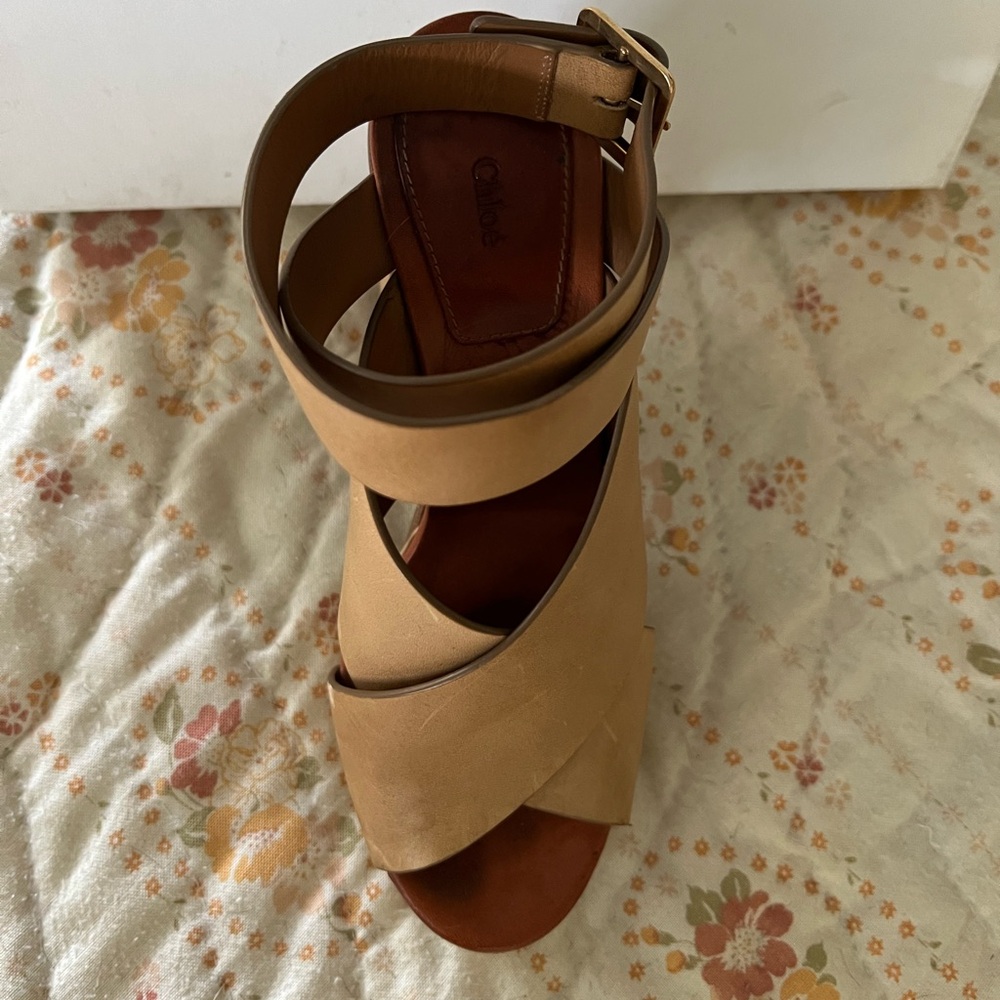 Chloe Strappy Leather Platform Sandals - Tan Size 38.5 - Picture 13 of 15